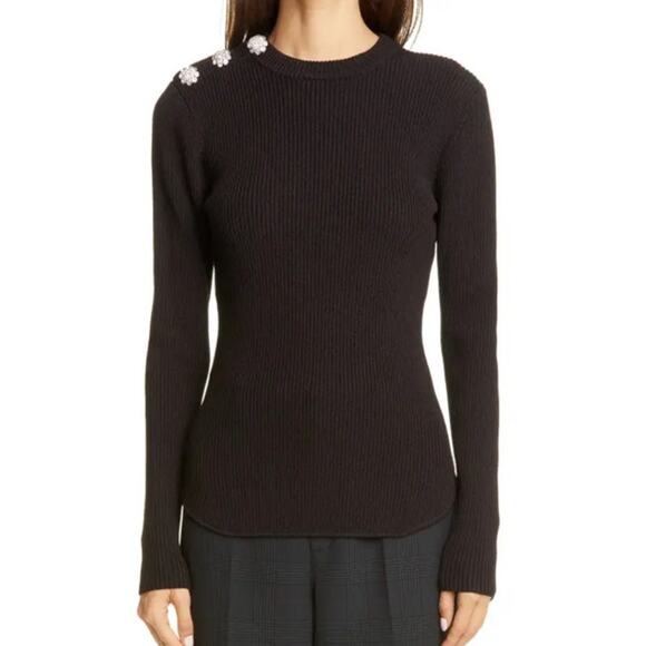 Ganni Long Sleeve Ribbed Sweater Womens Medium Black Crystal Button Shoulder - Picture 1 of 10